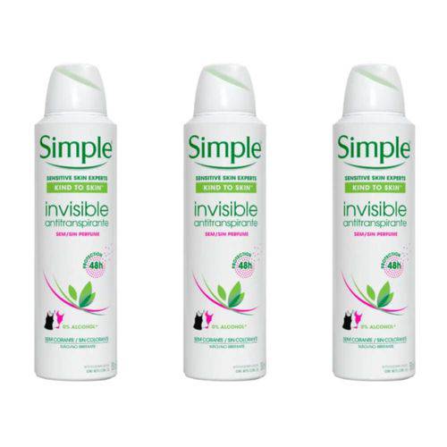 Simple Invisible Desodorante Aerosol S/ Perfume Feminino 150ml (kit C/03)