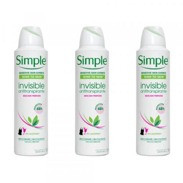 Simple Invisible Desodorante Aerosol S/ Perfume Feminino 150ml (Kit C/03)