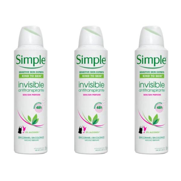Simple Invisible Desodorante Aerosol S/ Perfume Feminino 150ml (Kit C/03)