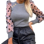 Sleeve Outono Dot malha da bolha T-shirt Knitwear base superior para a mulher