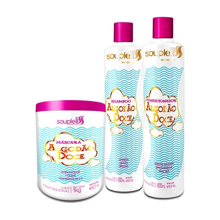 Soupleliss Kit Algodão Doce Mascara 500g + Shampoo 500g, Condicionador,500g - Souple Liss