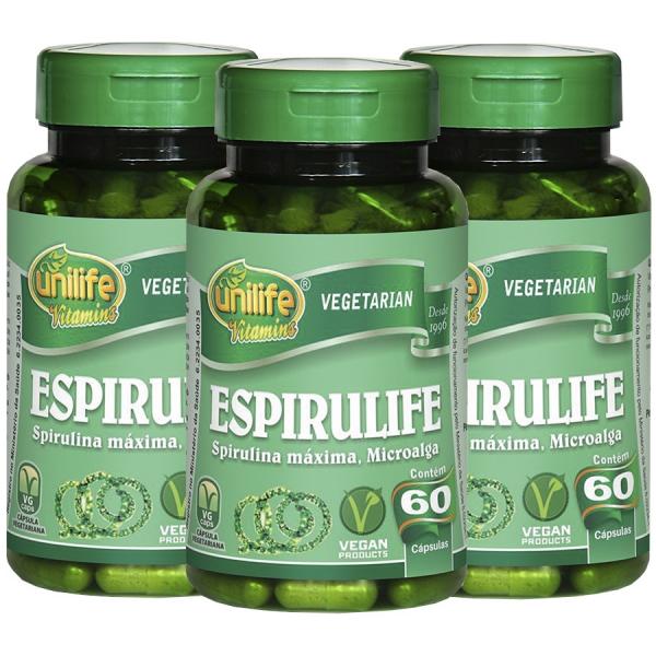 Spirulina Espirulife 60 Cápsulas 500mg Kit com 3 - Unilife