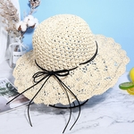  Straw Sun Hat dobrável aba larga com decoração bowknot Hat para viagens ao ar livre