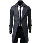 Men Woolen Lapel Trench Coat V-Neck Double Breasted Slim Casual Middle Long Overcoat