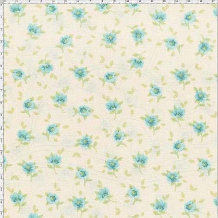 Tecido Estampado para Patchwork - Coleção Jardim das Flores Mini Flor Creme Azul (0,50x1,40)