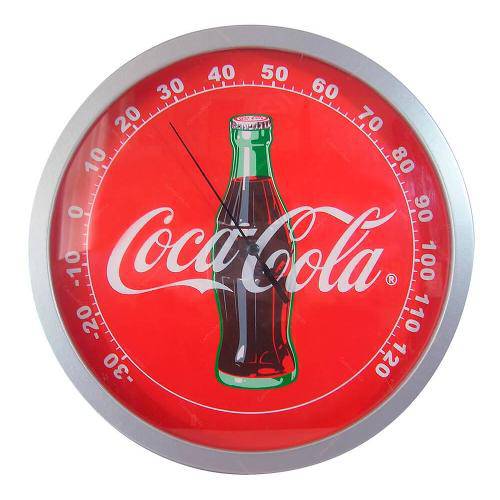 Termômetro Coca-Cola Garrafa Redondo Vermelho em Madeira - Urban - 28x28 Cm