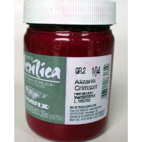 Tinta Acrílica Corfix Alizarin Crimson #104 - 250ml G2