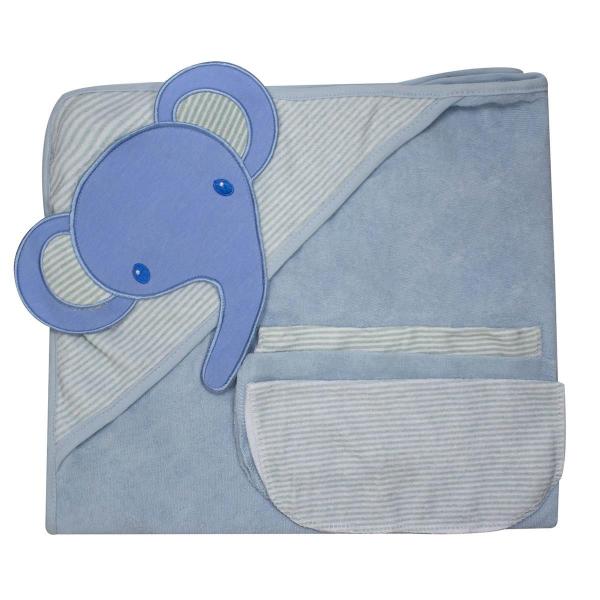Toalha Banho Baby Camesa Elefante C/ Capuz e 3 Toalhas de Boca Azul