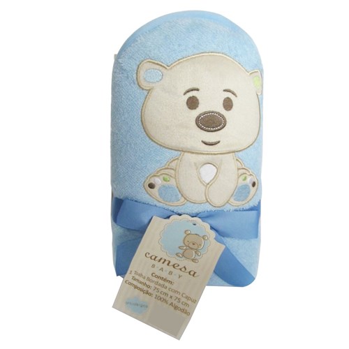 Toalha Bordada com Capuz 75X75cm Urso Azul Baby Camesa