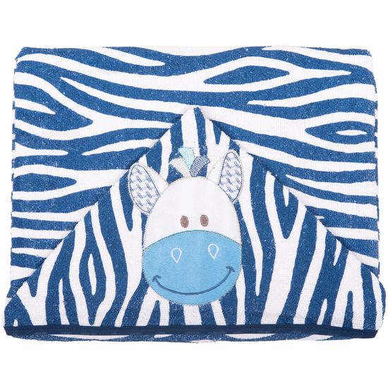 Toalha de Banho Bichinhos com Capuz Bordado e Forro de Fralda 100 % Algodão Zebra Azul Marinho