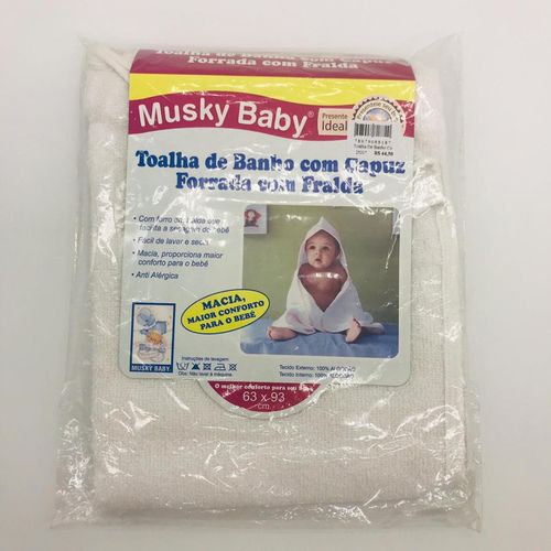 Toalha de Banho Capuz Forrada Fralda Branco - Musky Baby Ref