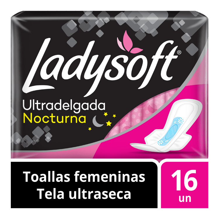 Toallas Femeninas Nocturna Ladysoft Ultradelgada Tela Ultraseca Talla Única 16 Unid.