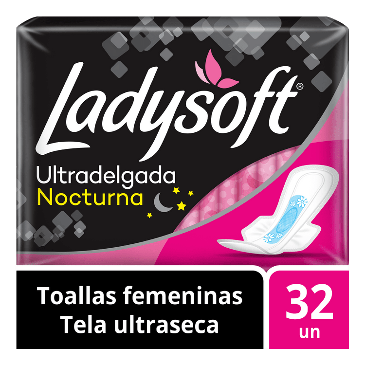 Toallas Femeninas Nocturna Ladysoft Ultradelgada Tela Ultraseca Talla Única 32 Unid.