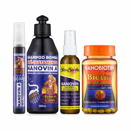 Tratamento para o Cabelo-Tônico Krina 30ML+Shampoo de Cavalo 300ML+Óleo Bomba+Biotina 60 Cápsulas - Nanovin a