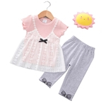 2 Pcs / set Meninas Sweet Baby Estilo manga curta Tops Lace + calça terno verão