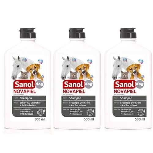 3 Un Shampoo para Alergias Peróxido de Benzoila para Cachorro, Gato, Cavalo, Bactericida Seborreico Novapiel Sanol 500ml