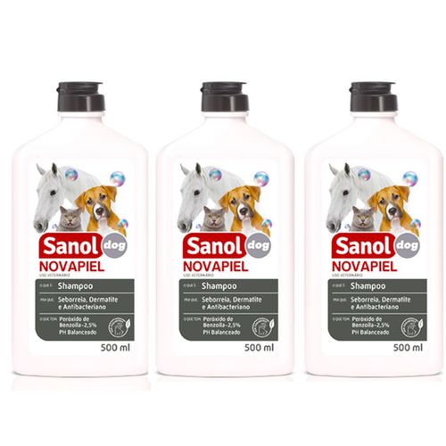 3 Un Shampoo para Alergias Peróxido de Benzoila para Cachorro, Gato, Cavalo, Bactericida Seborreico Novapiel Sanol