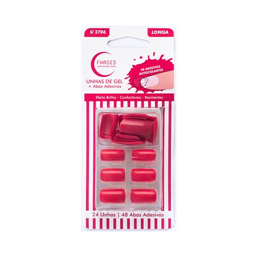Unhas de Gel Fhaces Longa Possessão Rosa com 24 Unhas+ 48 Abas Adesivas