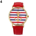 Unisex Navy Multi-Color Anchor Striped Faux Leather Analog Strap Relógio De Pulso