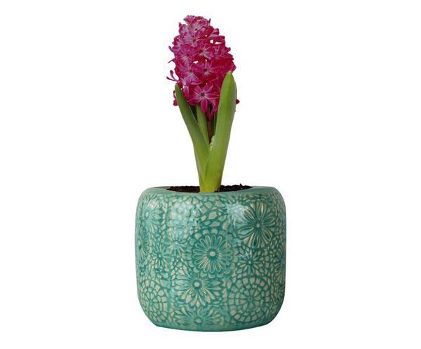 Vaso Ceramica 15.5X15.5X14.5 Embossed Flowers Verde Urban