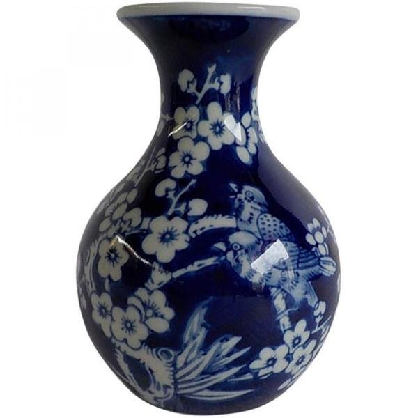 Vaso de Porcelana Long Neck Cherry Flowers 11cmx16cm Urban Branco/Azul