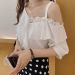 Verão Lady Chiffon Shirt Assimetria ombro Ruffle manga curta Sólidos Tops Cor capuz