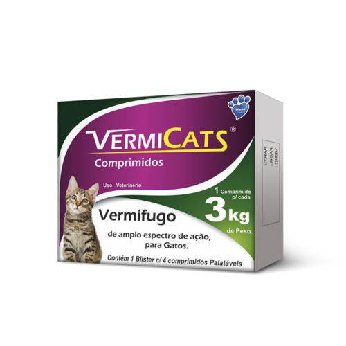 Vermifugo para Gatos Ate 3kg Vermicats - 4 Comprimidos