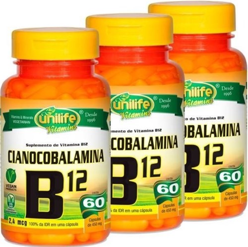 Vitamina B12 Cianocobalamina Unilife Combo 3 X 60 Cáp Vegan (Sem Sabor)