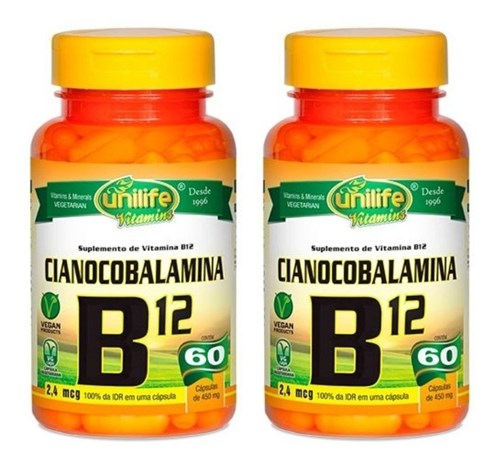 Vitamina B12 Cianocobalamina 2X60 Cápsulas 450Mg Kit Vegan (Sem Sabor)