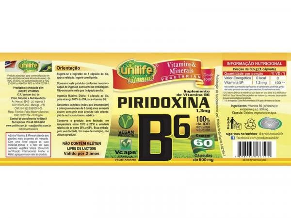 Vitamina B6 Piridoxina 60 Cápsulas Unilife