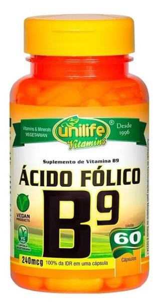 Vitamina B9 Ácido Fólico 60 Cápsulas 500mg Unilife