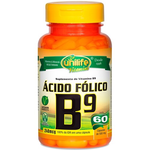 Vitamina B9 Ácido Fólico 60 Cápsulas de 500Mg
