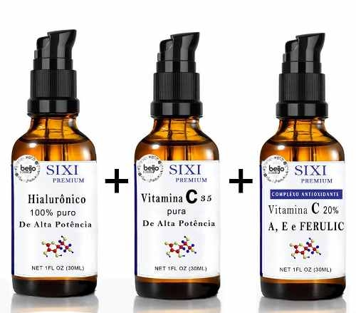 Vitamina C + Ferulic + Acido Hialuronico Sixi Kit 3 Produtos Antioxidante Anti Idade Pele Clara