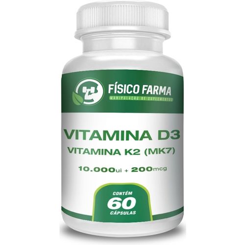 Vitamina D3 10.000ui+ Vitamina K2 (mk-7) 200mcg 60 Cápsulas
