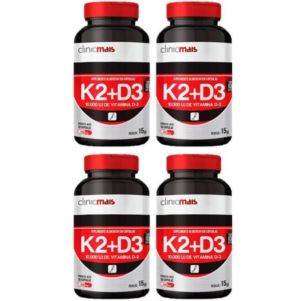 Vitaminas K2 + D3 - 4 Unidades de 30 Cápsulas - Clinic Mais