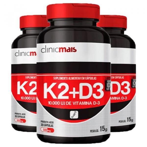 Vitaminas K2 + D3 - 3 Unidades de 30 Cápsulas - Clinic Mais