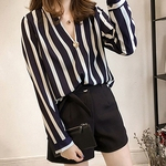 Loose Women V manga comprida Collar Stripes Impressão Chiffon Camisa Blusa Em estoque Em estoque