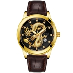 Waterproof Mens Gold Dragon Sculpture Quartz Watch Luxury Men Leather Wristwatch