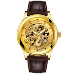 Waterproof Mens Gold Dragon Sculpture Quartz Watch Luxury Men Leather Wristwatch