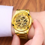 Waterproof Mens Gold Dragon Sculpture Quartz Watch Luxury Men Steel Wristwatch