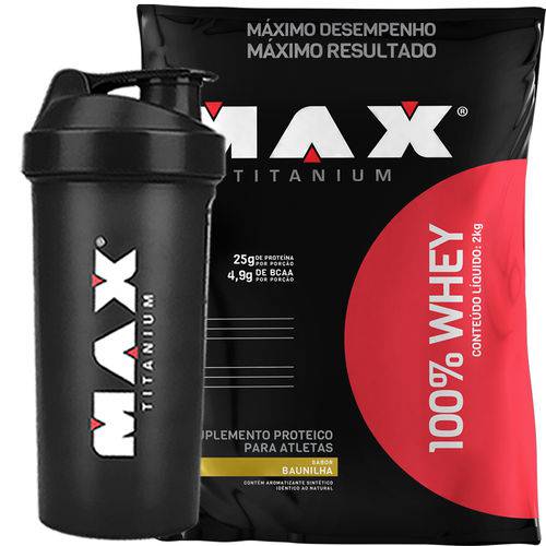 Whey Protein 100% 2kg (Baunilha) + Coqueteleira - Max Titanium