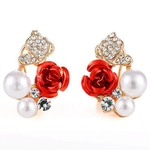 Women Girl Fashionable Red Rose Ear Stud Rhinestone Faux Pearl Decoration Jewelry Accessory