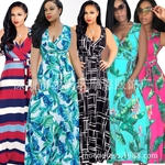 Women's Summer Flowy Wrap Bodice Stripe Floral Print Sleeveless Party Maxi Dress Free Shipping Q098