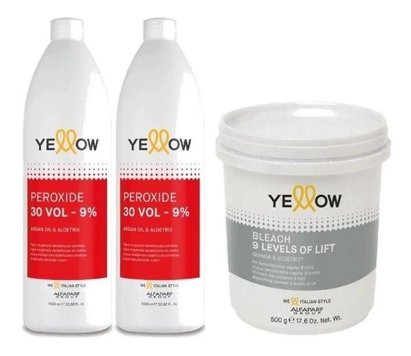 Yellow 02 Água Ox Volume 30 + Pó Descolorante Bleach 9 Tons