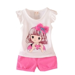 2pcs / set Cute Girl manga curta T-shirt + Shorts Moda Suit impressão