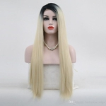 180% Density Ombre Blonde Wig Straight Hair Synthetic Lace Front Wig High Temperature Wigs with Black Roots Free Part Lace Wigs for Women