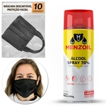 Álcool Spray 70% INPM Antisséptico 300ml + 10 Máscaras Descartáveis em TNT Dupla Face Elástico Preto