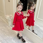 Ficha técnica e caractérísticas do produto Bonito vestido longo mangas com partido da escola lapela Collar Baby Girl Dress Roupas