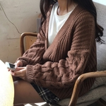 Ficha técnica e caractérísticas do produto New Brasão Mulheres Autumn solto Thicken Longo Puff luva Cardigan Knitting Sweater