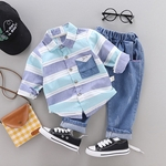 Ficha técnica e caractérísticas do produto -Breasted único bebê vestuário Boy Set shirt com lapela Tiras Decoração + elásticas Jeans Em destaque